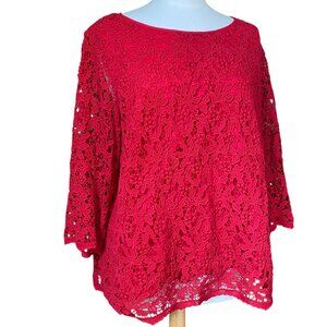 Talbots Floral Lace Shirt Red Cotton Scallop Lined Sheer-18W
